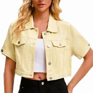 CHIC Soft Yellow Short Sleeve Cropped w/Button Closure Denim Jacket Size L NWOT